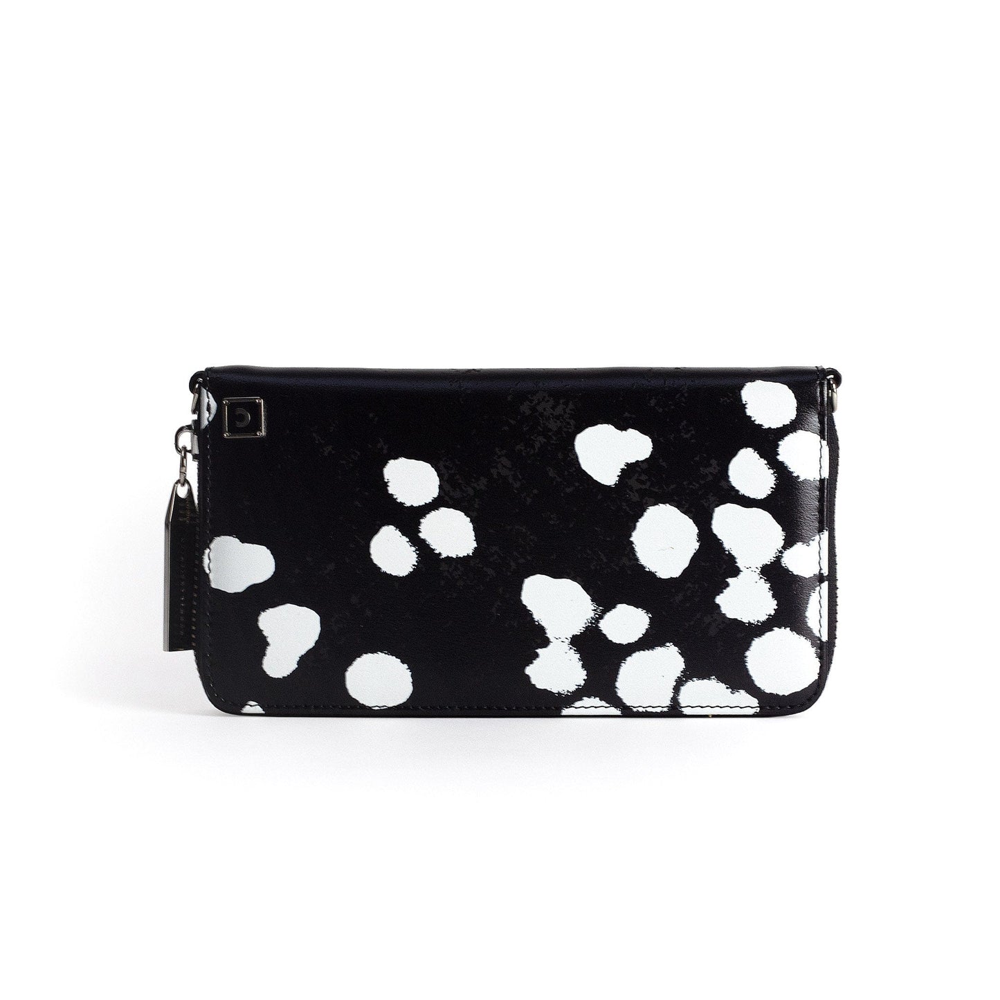 Back of the wallet showing extended abstract dot motif and refined leather finish