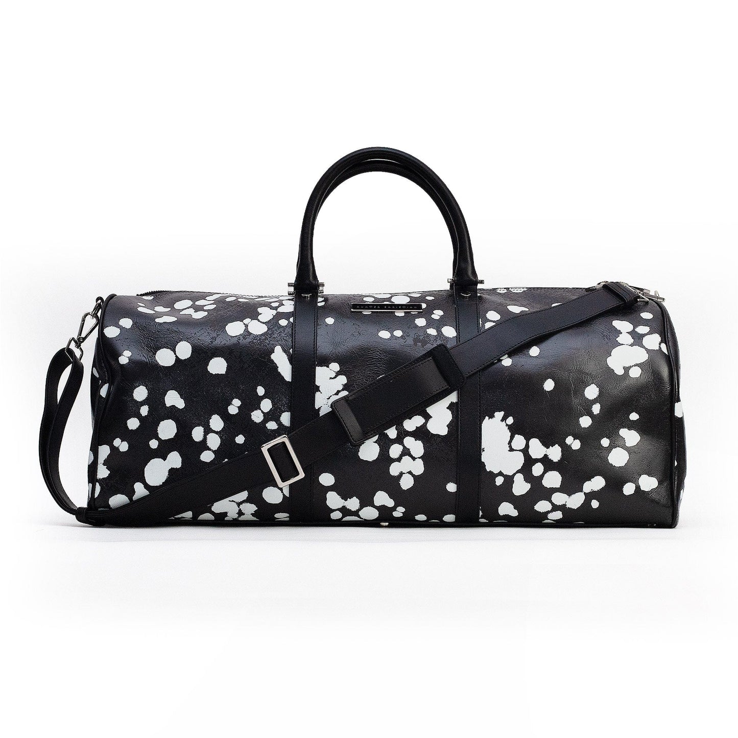 Front view of KO Leather Weekender – Absolute Inverse Edition, a black and white designer travel bag in Italian leather